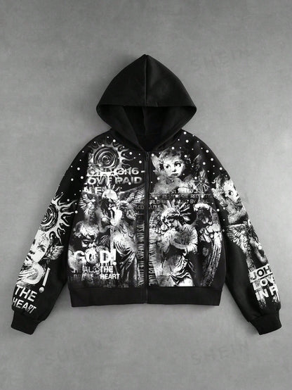 Men Loose Fit Angel Print Zip-Up Hoodie