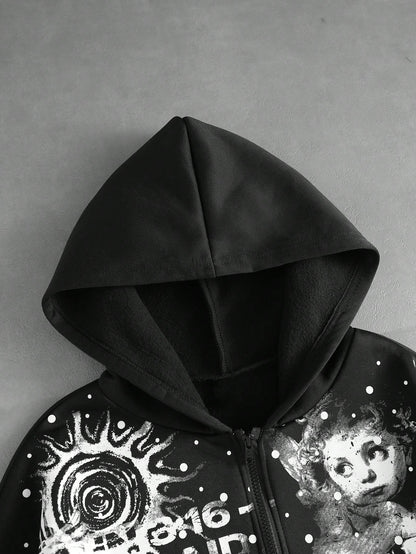 Men Loose Fit Angel Print Zip-Up Hoodie