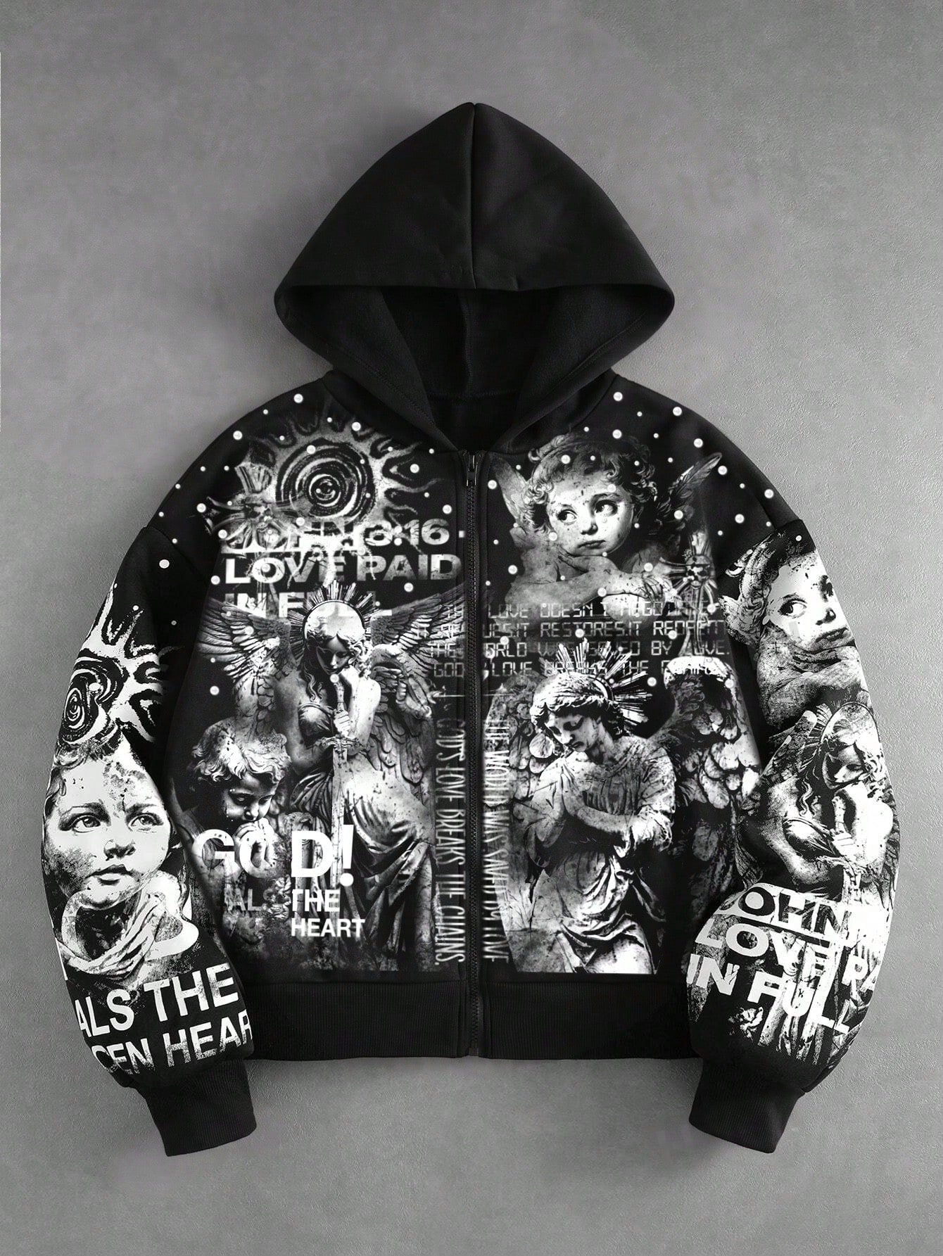 Men Loose Fit Angel Print Zip-Up Hoodie