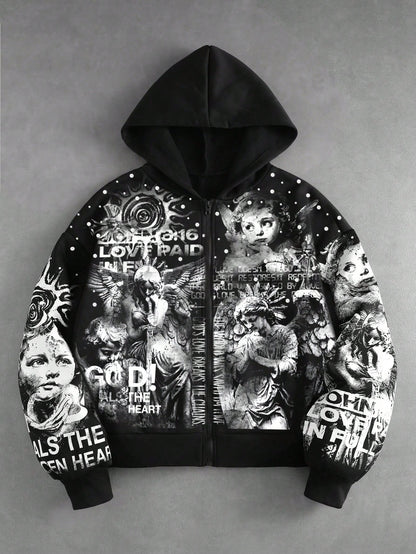 Men Loose Fit Angel Print Zip-Up Hoodie