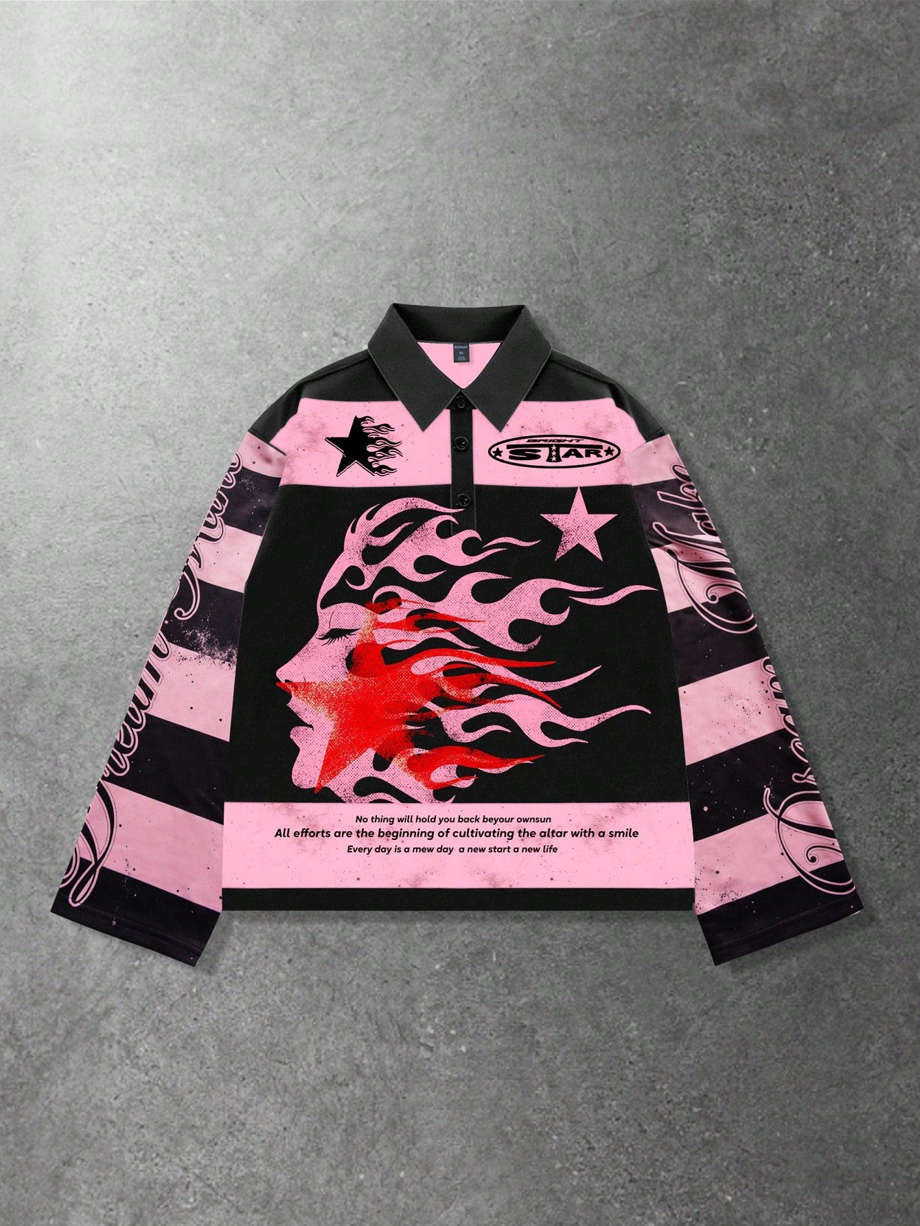 Men Pink Striped Collar Long Sleeve Graphic T-Shirt
