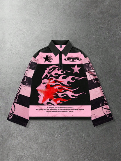 Men Pink Striped Collar Long Sleeve Graphic T-Shirt