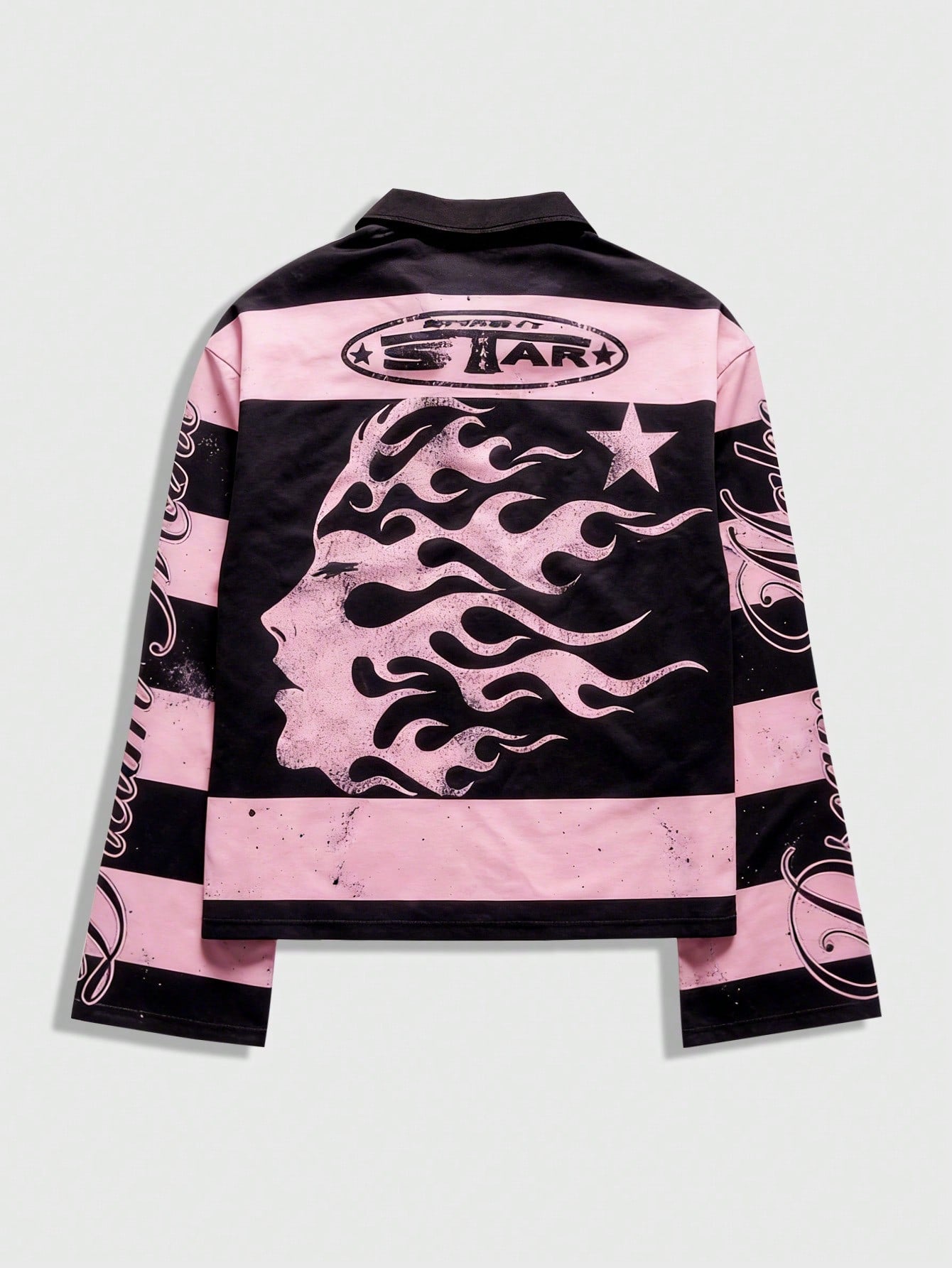 Men Pink Striped Collar Long Sleeve Graphic T-Shirt