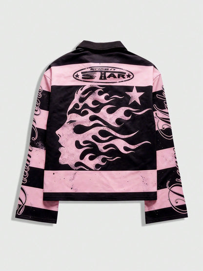 Men Pink Striped Collar Long Sleeve Graphic T-Shirt