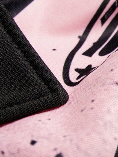 Men Pink Striped Collar Long Sleeve Graphic T-Shirt
