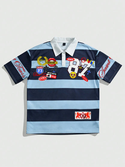 Men Printed Striped College Style Short Sleeve Polo