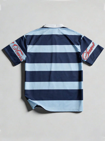 Men Printed Striped College Style Short Sleeve Polo
