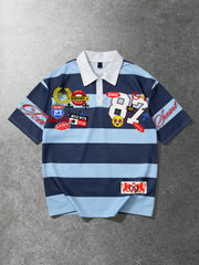 Men Printed Striped College Style Short Sleeve Polo