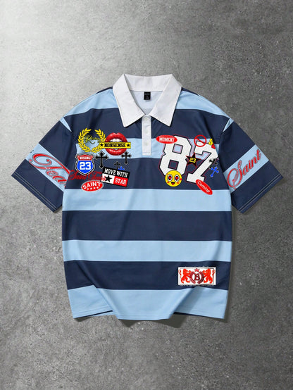 Men Printed Striped College Style Short Sleeve Polo