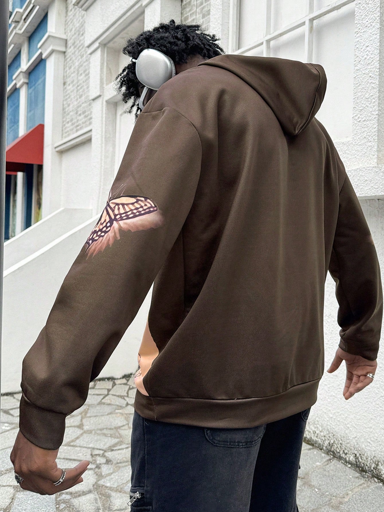Men Retro Skull Cross Butterfly Distressed Hoodie