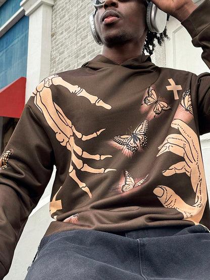 Men Retro Skull Cross Butterfly Distressed Hoodie