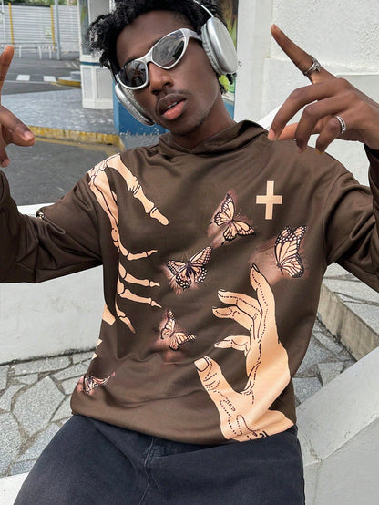 Men Retro Skull Cross Butterfly Distressed Hoodie