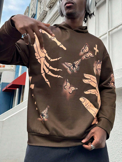 Men Retro Skull Cross Butterfly Distressed Hoodie