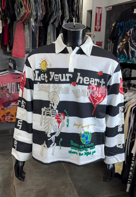 Men Skeleton Striped Graphic Long Sleeve Polo Shirt