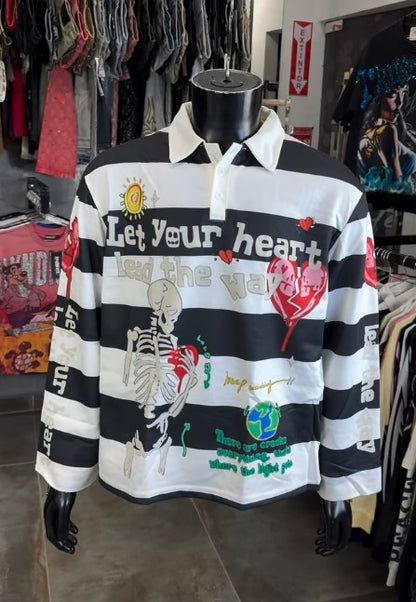 Men Skeleton Striped Graphic Long Sleeve Polo Shirt
