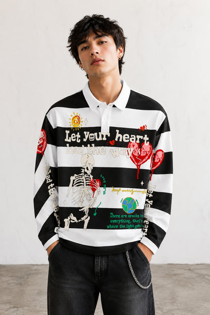 Men Skeleton Striped Graphic Long Sleeve Polo Shirt