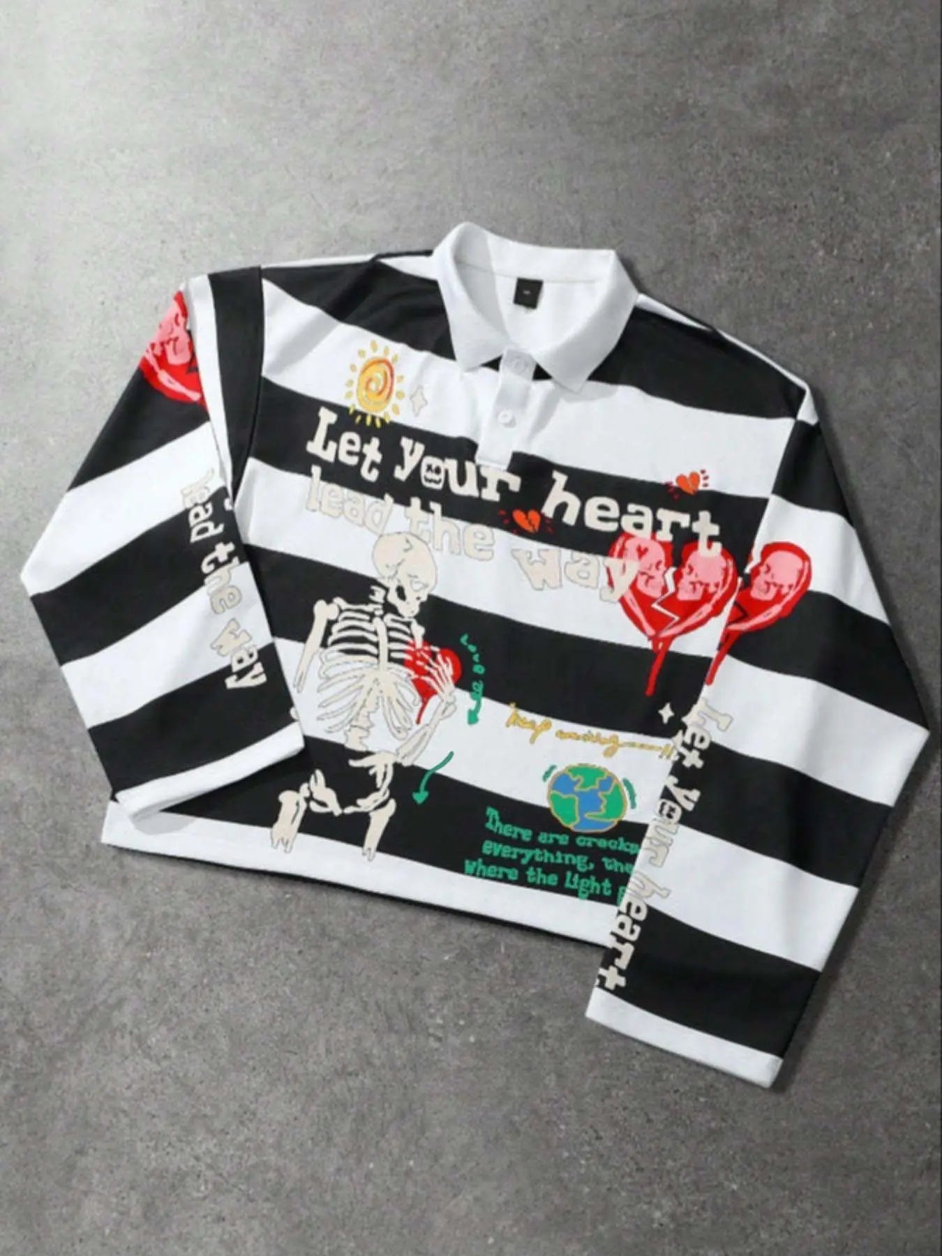 Men Skeleton Striped Graphic Long Sleeve Polo Shirt