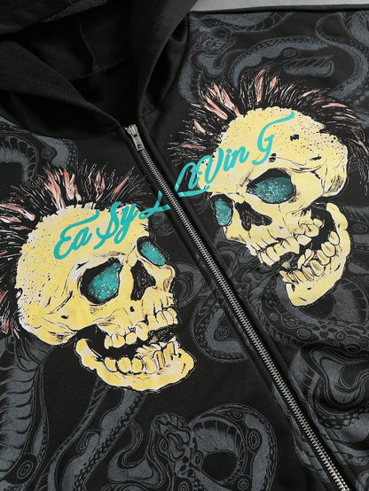 Men Skull & Snake Print Loose Fit Hoodie