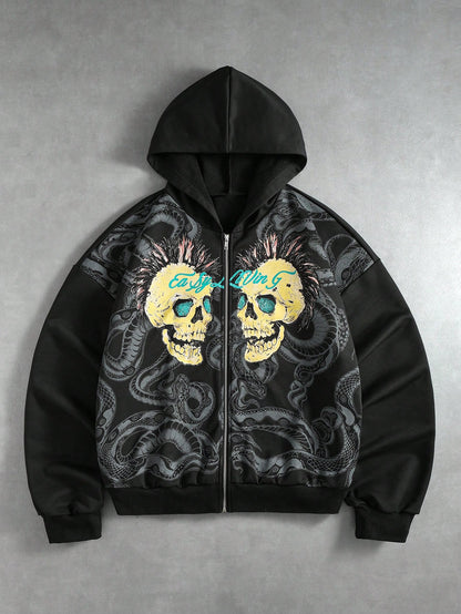 Men Skull & Snake Print Loose Fit Hoodie