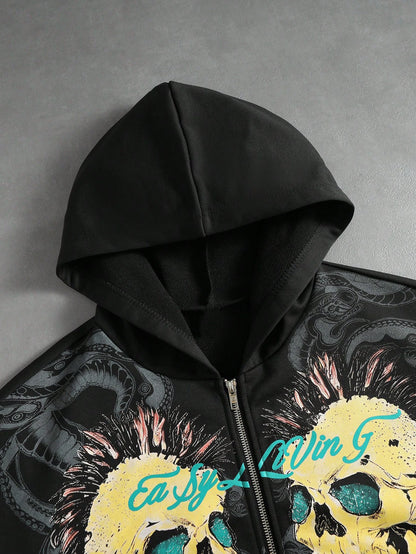 Men Skull & Snake Print Loose Fit Hoodie
