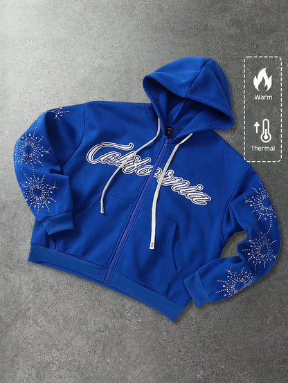 Men Street Life Graphic Print Zip Up Hoodie