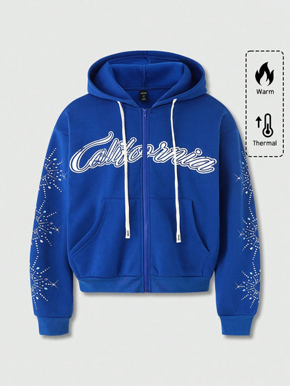 Men Street Life Graphic Print Zip Up Hoodie