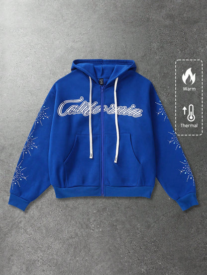 Men Street Life Graphic Print Zip Up Hoodie