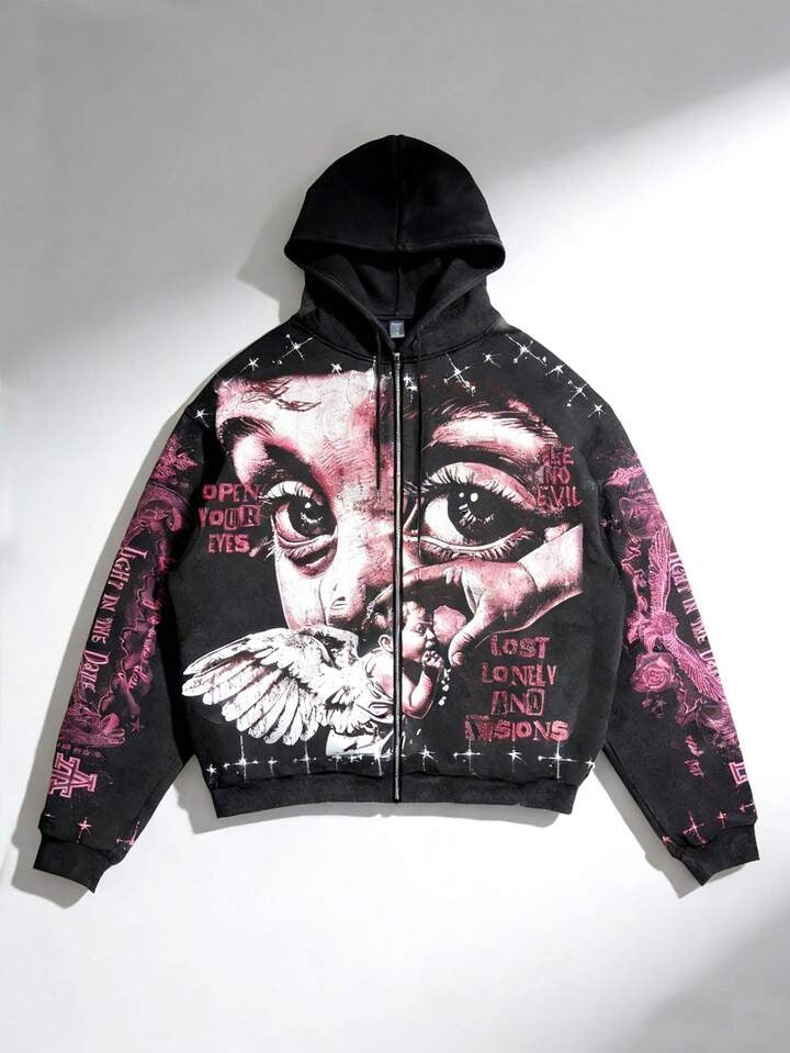 Men Y2K Angel Graphic Zip-Up Hooded Sweatshirt