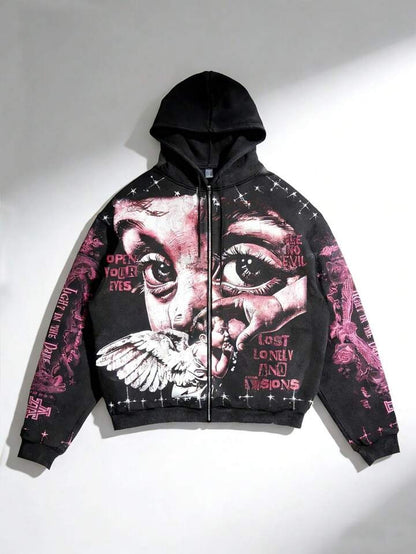 Men Y2K Angel Graphic Zip-Up Hooded Sweatshirt