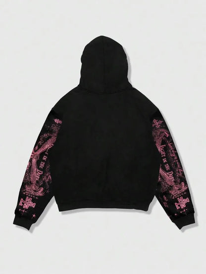 Men Y2K Angel Graphic Zip-Up Hooded Sweatshirt
