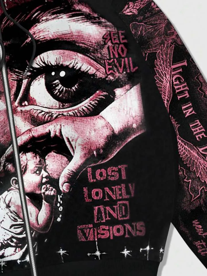 Men Y2K Angel Graphic Zip-Up Hooded Sweatshirt