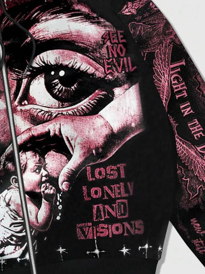 Men Y2K Angel Graphic Zip-Up Hooded Sweatshirt