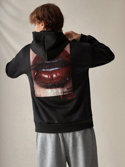 Men's Black Lips Graphic Print Polyester Hoodie