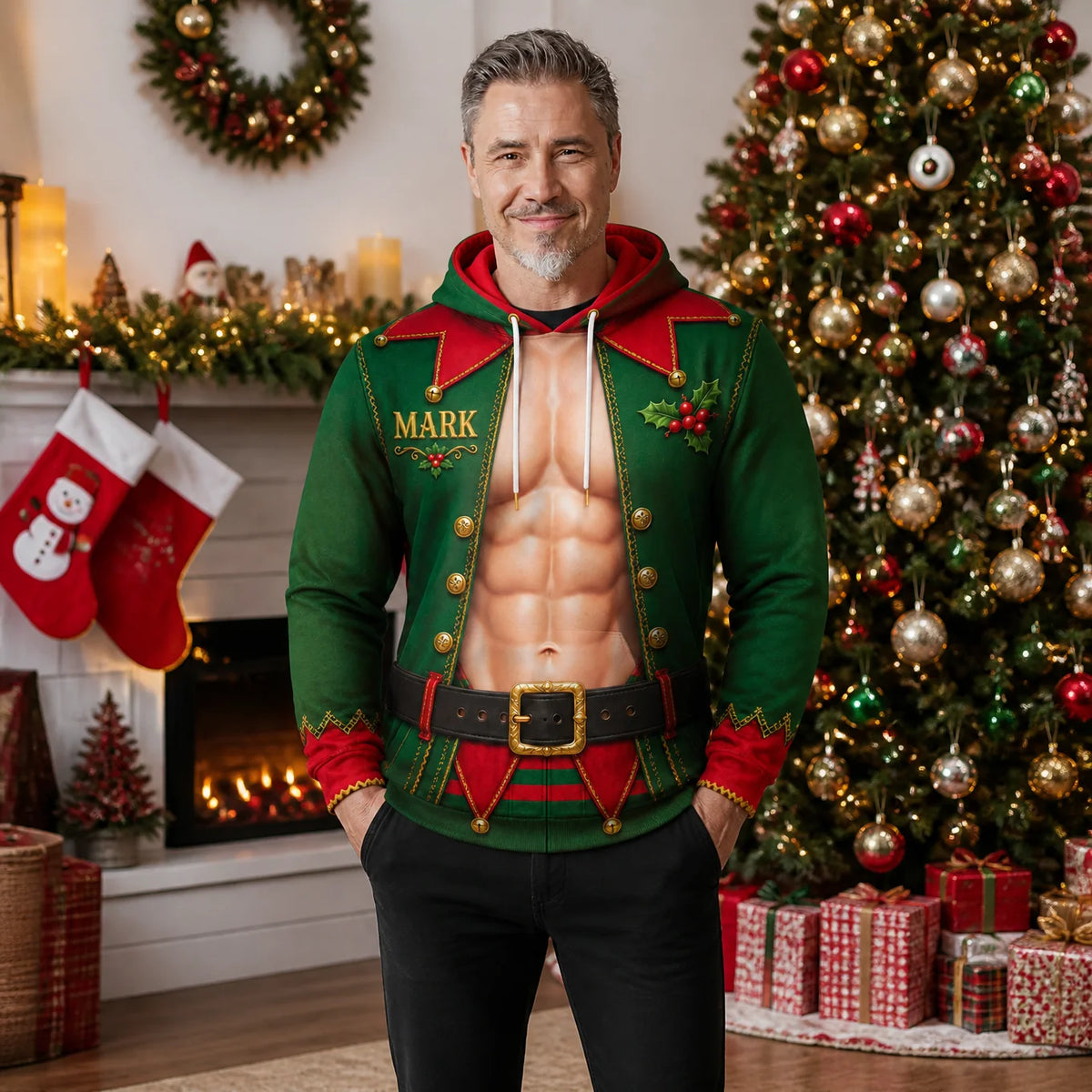 Men's Funny Sexy Abs Santa Christmas Hoodie