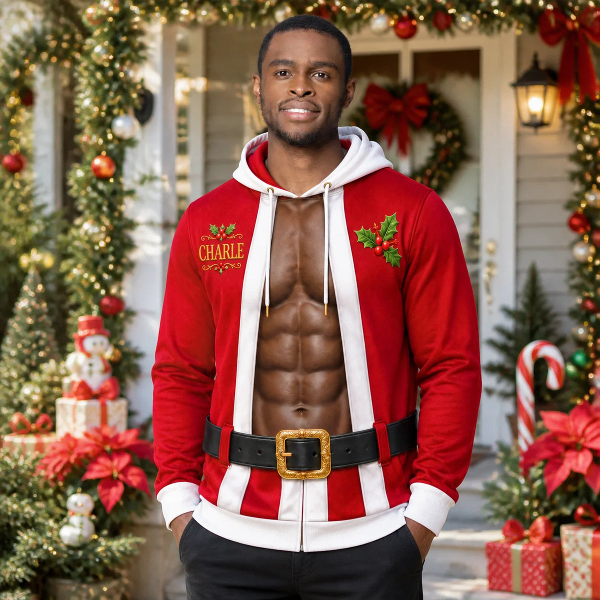 Men's Funny Sexy Abs Santa Christmas Hoodie