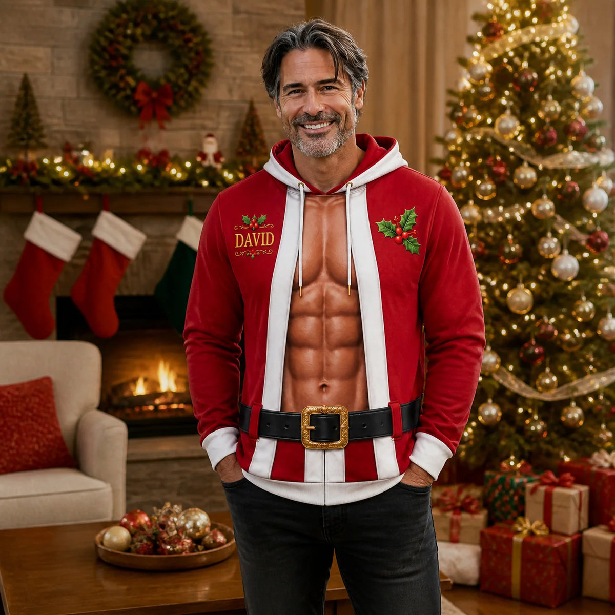 Men's Funny Sexy Abs Santa Christmas Hoodie