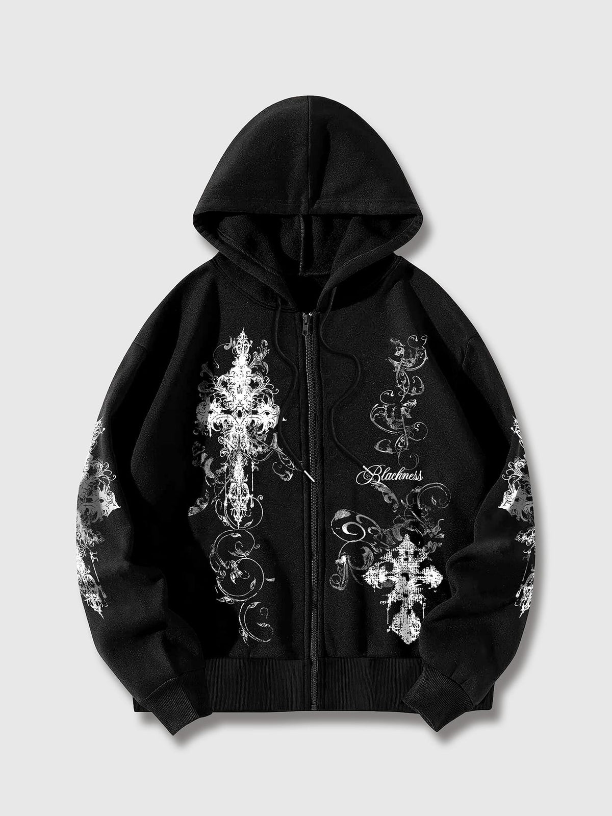 Men's Goth Cross Print Zip-Up Hoodie