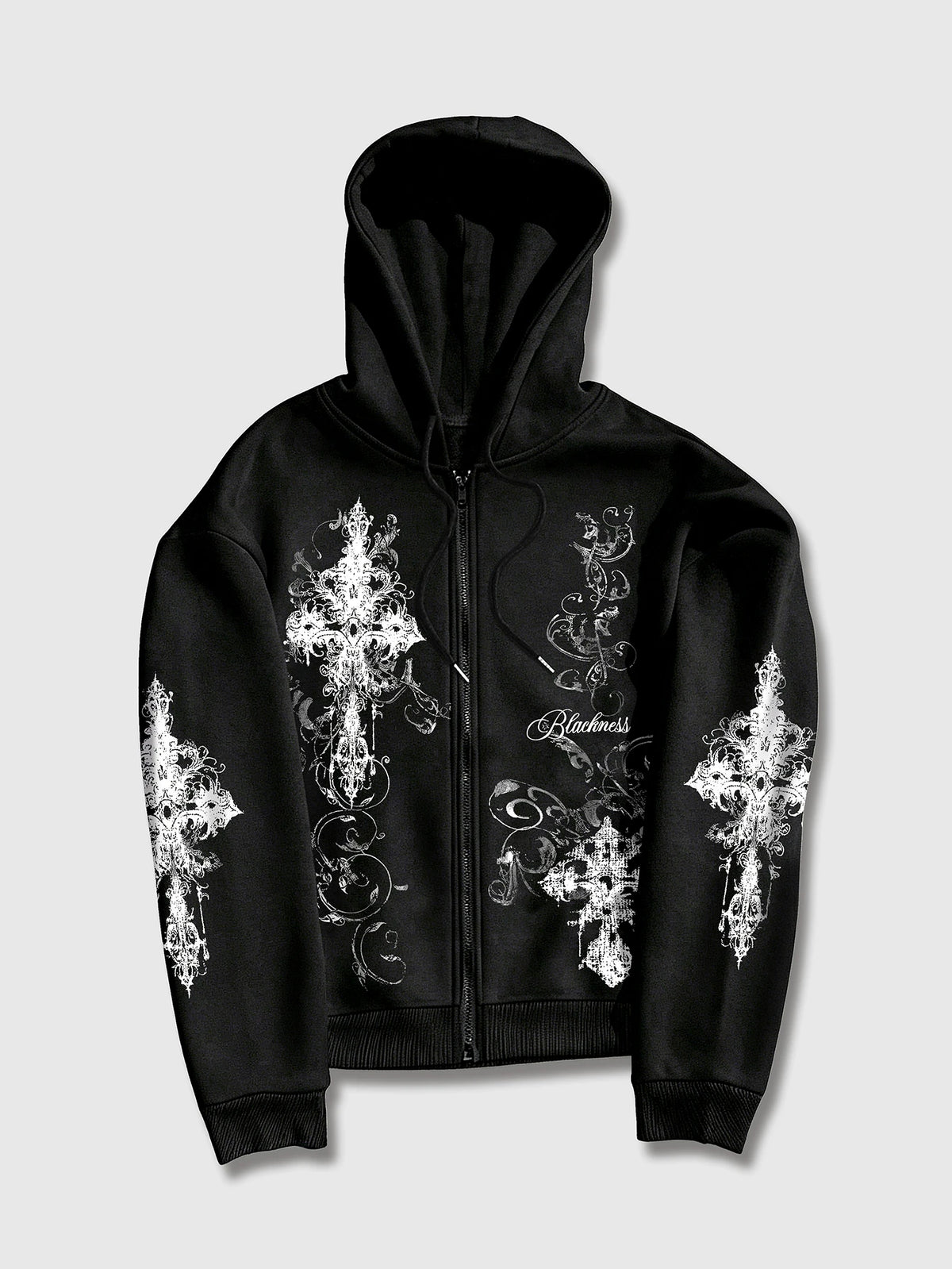 Men's Goth Cross Print Zip-Up Hoodie
