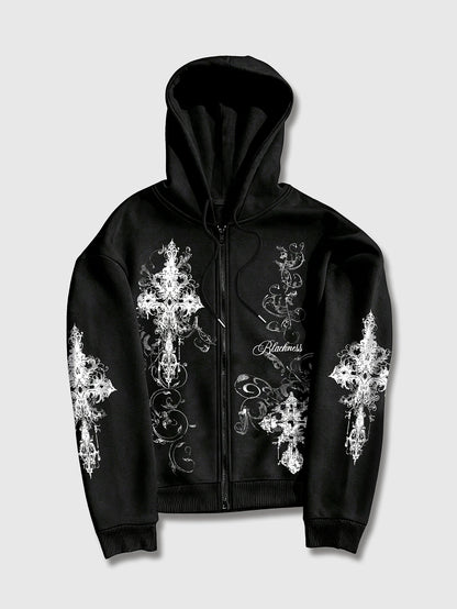 Men's Goth Cross Print Zip-Up Hoodie