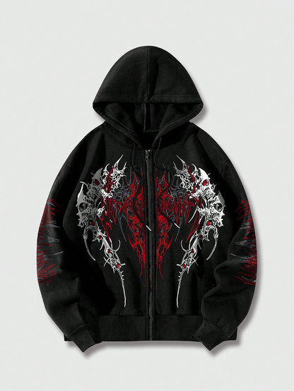 Men's Gothic Print Zip-Up Casual Hoodie