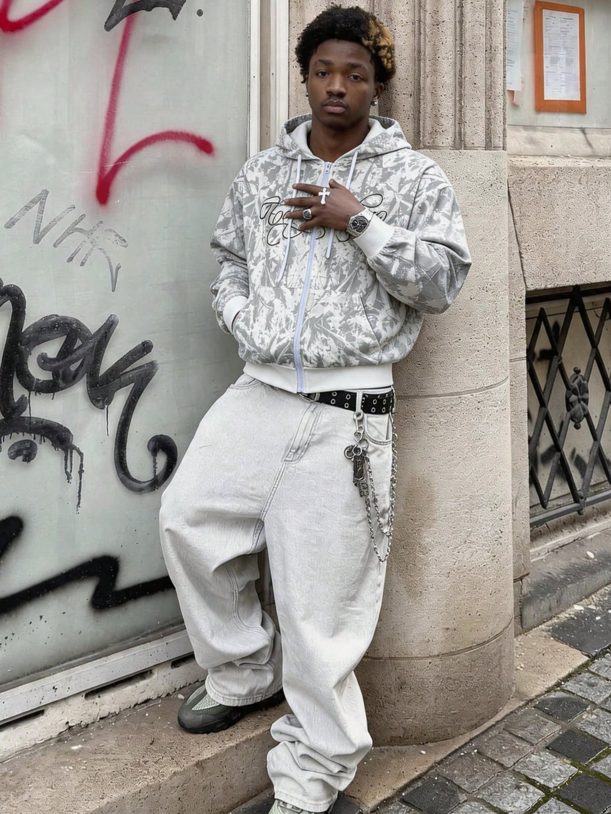 Men’s Gray Patterned Full-Zip Hoodie