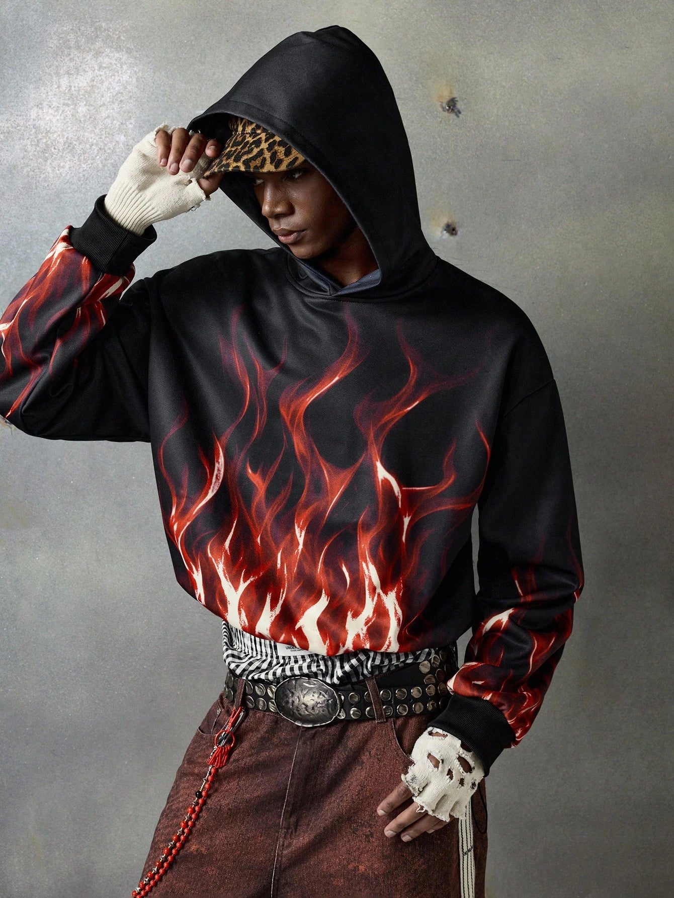 Men's Knit Flame Print Y2K Hoodie