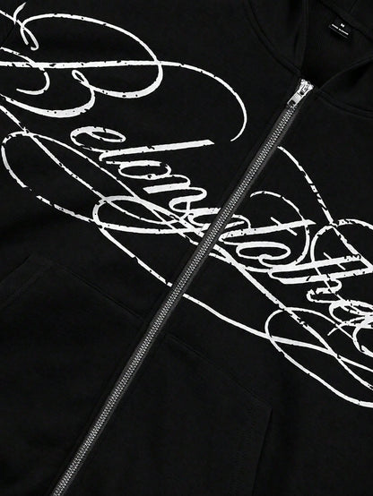 Men's Letter Print Zip-Up Casual Hoodie
