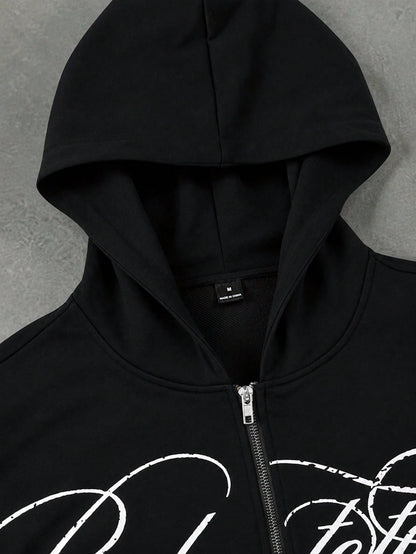 Men's Letter Print Zip-Up Casual Hoodie