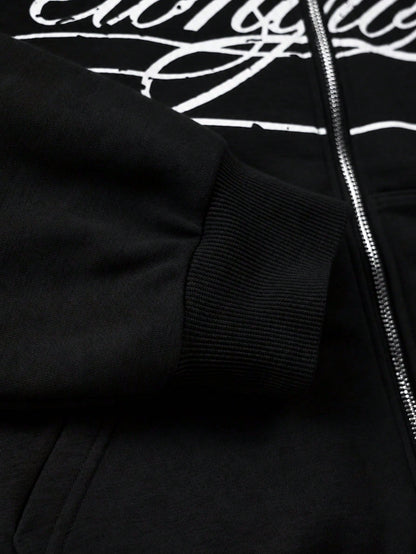 Men's Letter Print Zip-Up Casual Hoodie
