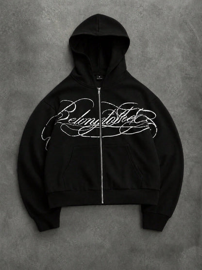 Men's Letter Print Zip-Up Casual Hoodie