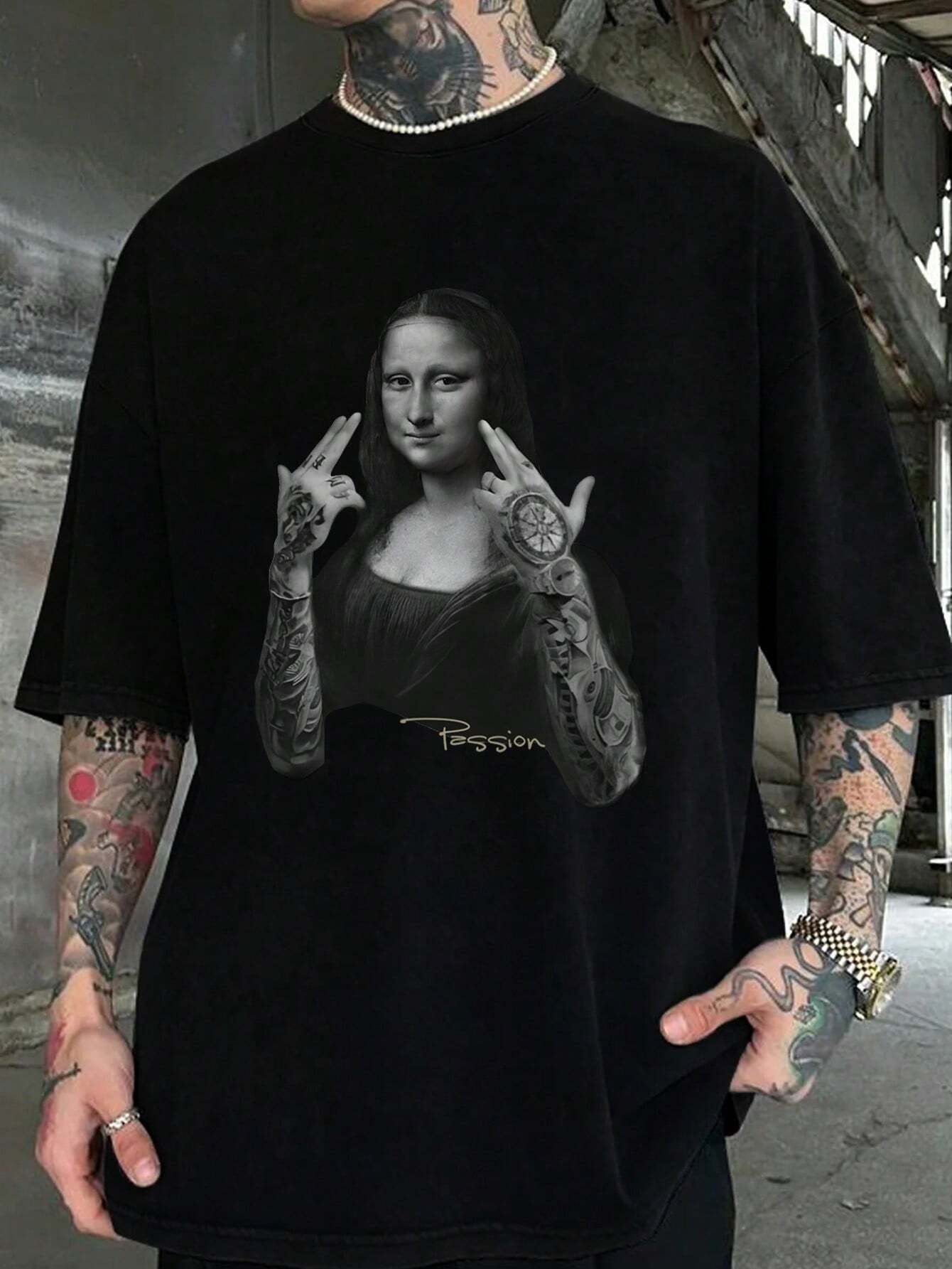 Men's Mona Lisa Retro Print Black T-Shirt