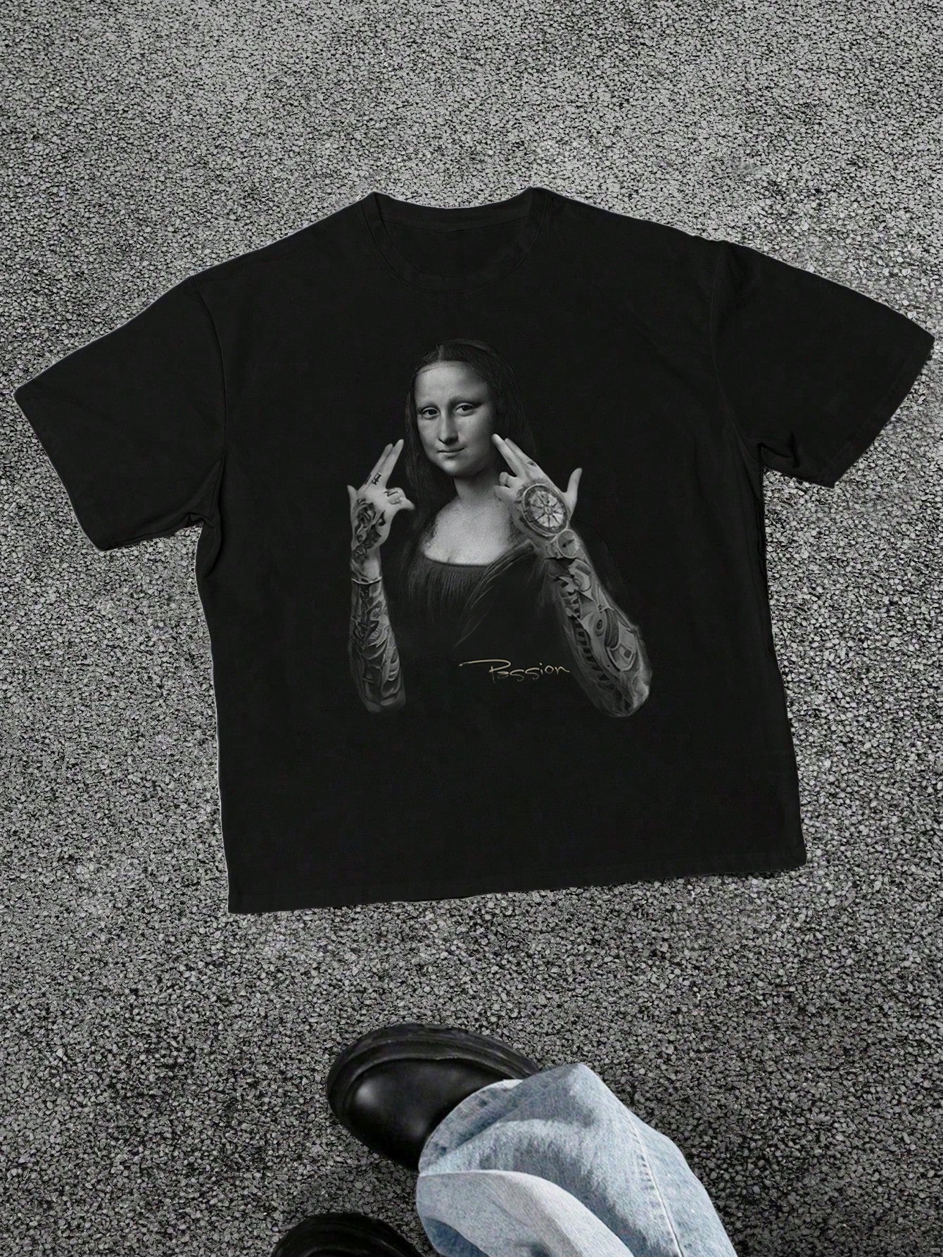 Men's Mona Lisa Retro Print Black T-Shirt