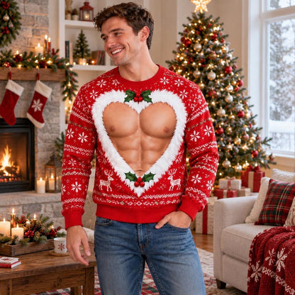 Men's Muscle Abs Heart Cutout Ugly Christmas Sweater