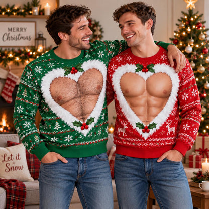 Men's Muscle Abs Heart Cutout Ugly Christmas Sweater